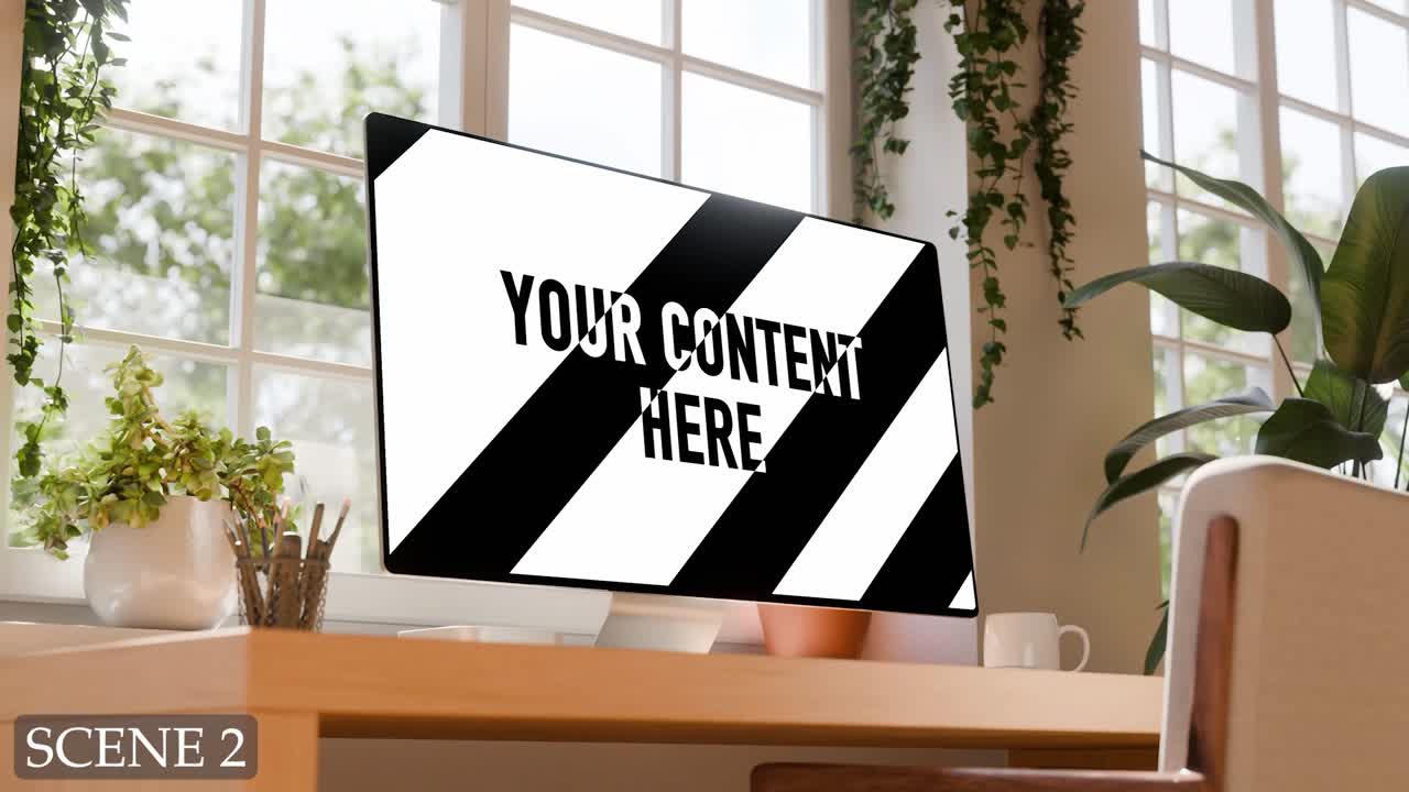 Bright Home Office Workspace with Desktop PC and Plants