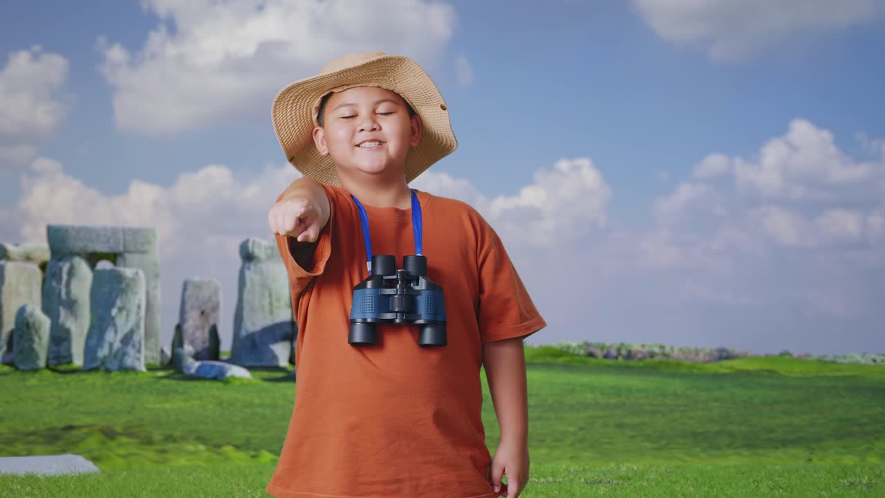 Asian Boy With A Hat And Binoculars Smiling And Touching His Chest Then Pointing At You While Traveling In Stonehenge. Boy Researcher Examines Something, Travel Tourism