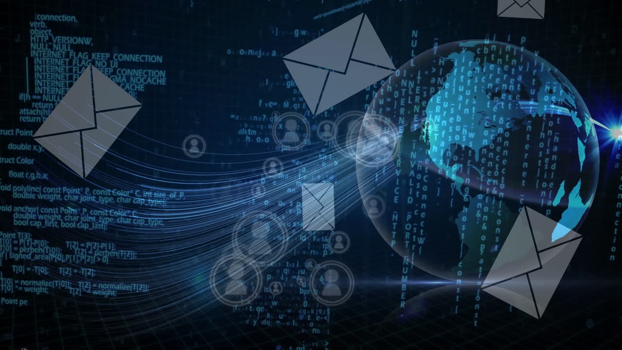 Animation of data processing over blue background