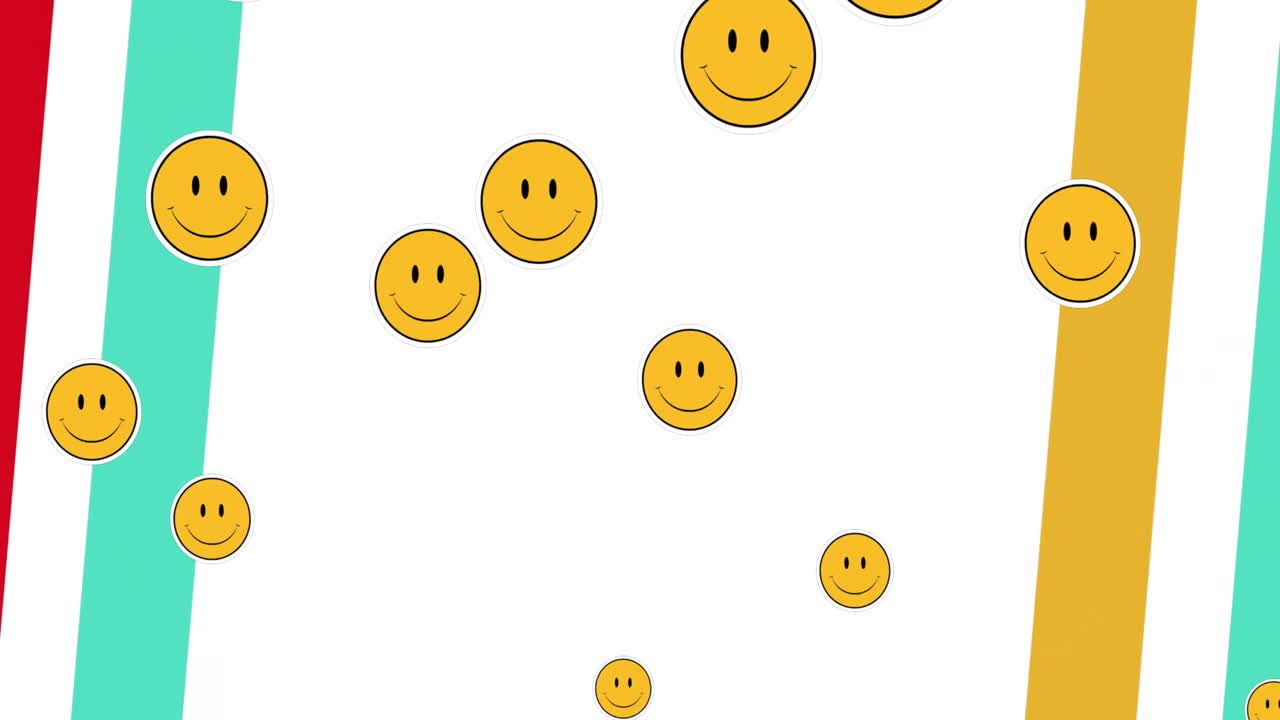 ⁇ 색 배경에 다채로운 줄무 ⁇  위에 미소 짓는 이모티콘의 애니메이션