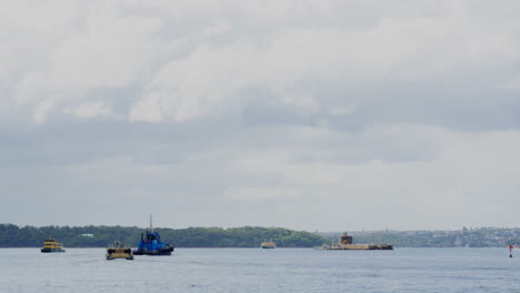 multiple ferries and marine vessels out on the water in sydney harbour, australia