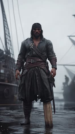 gritty pirate with wooden leg standing on docks