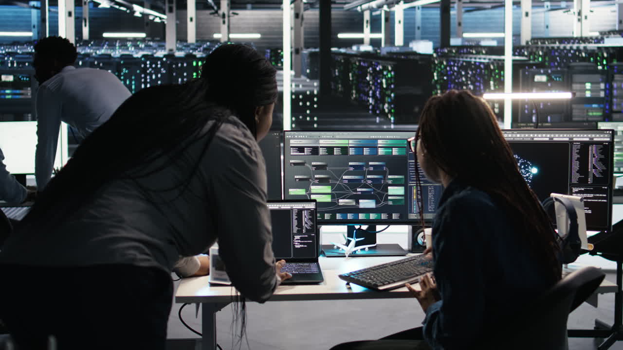 Data center teamworking colleagues use node tree program