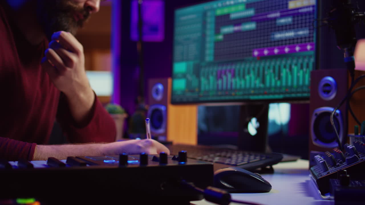 Songwriter creating a special song before recording tunes on musical instruments