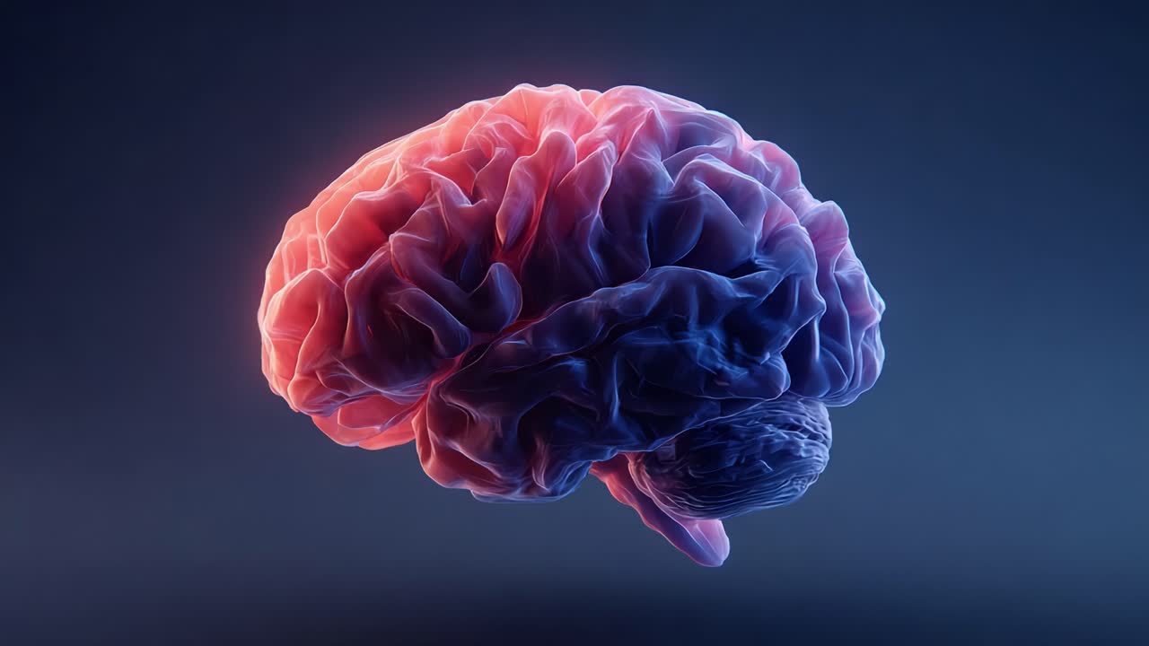 A Stunning Visualization of the Human Brain in a Captivating 3D Perspective, Highlighting Intricate Structures and Unique Neural Patterns Against a Soft Gradient Background