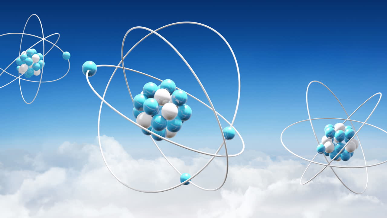 Animation of atom models spinning over clouds on blue background