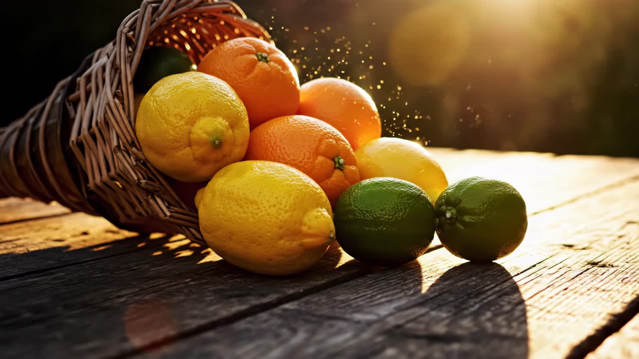 Citrusfrugter i en kurv på et træbord