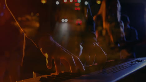 bandmates playing keyboard outdoors under spotlights, using mic with floating technology icons