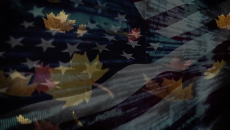 digital composition of american waving flag over autumn leaves falling against clouds in the sky