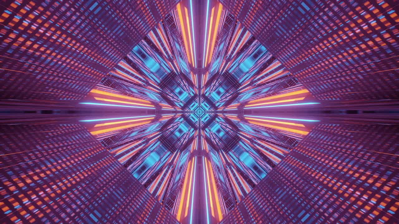 Voo através de um ambiente futurista com efeito de caleidoscópio 3D e padrões de luz néon brilhantes.