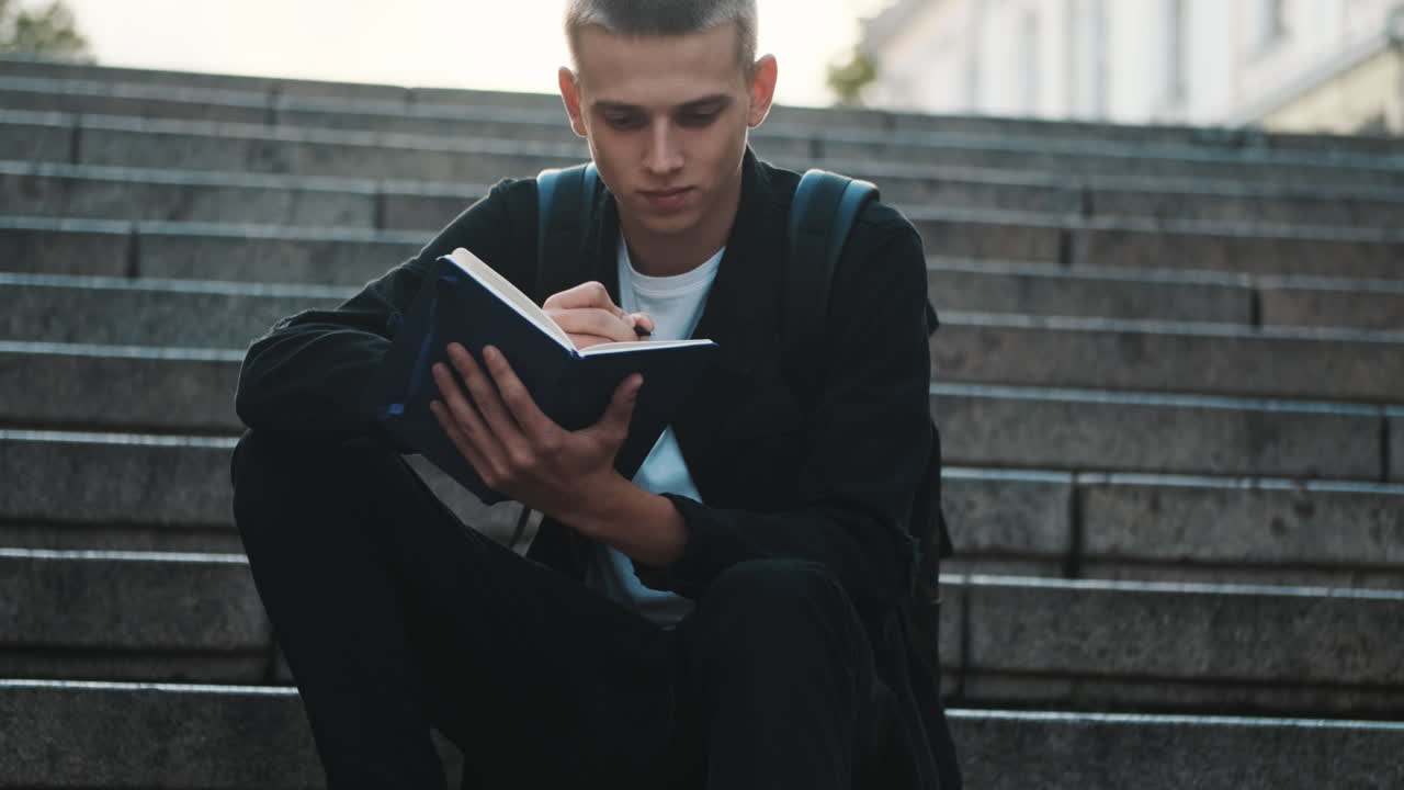 joven estudiante escribiendo notas al aire libre.