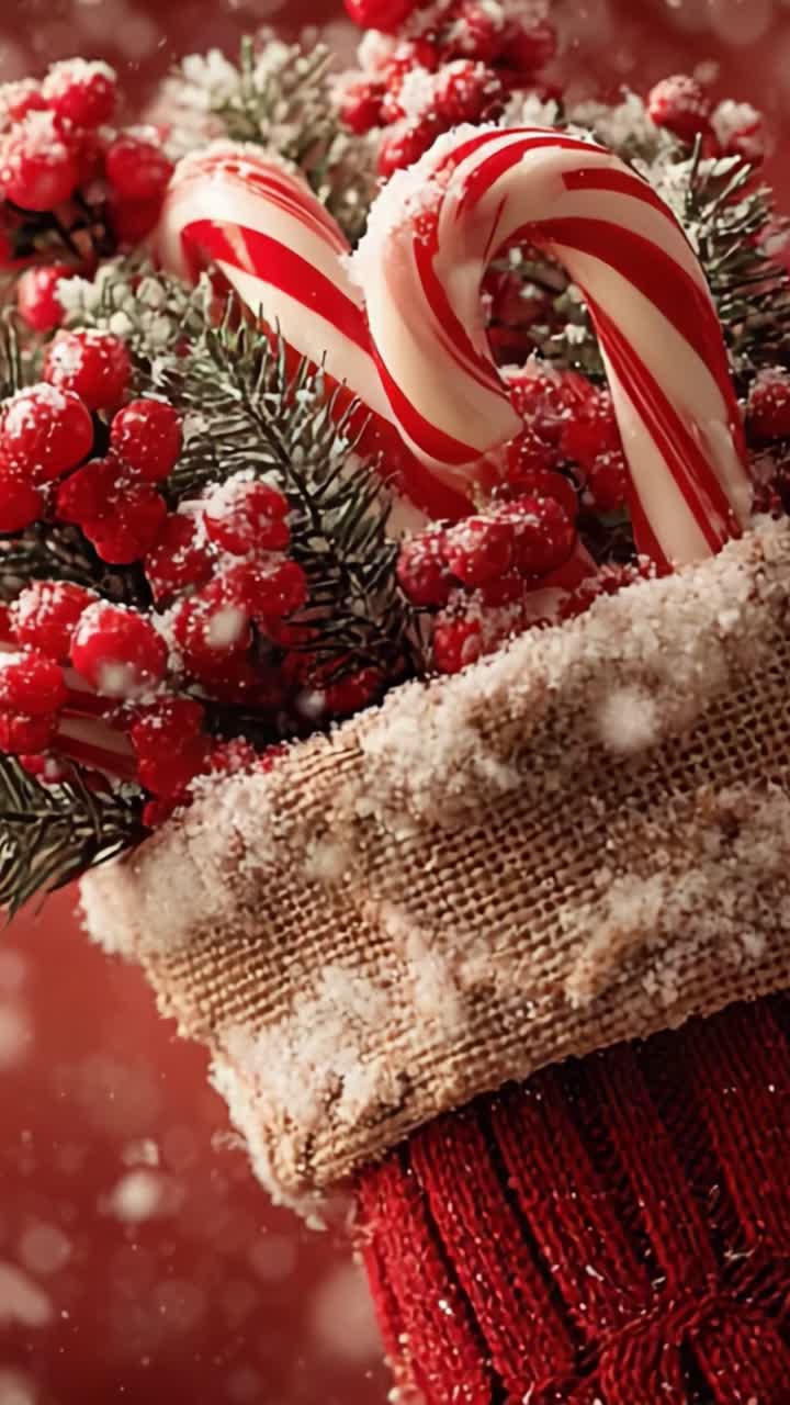 Una composizione natalizia commovente con bastoncini di zucchero, bacche rosse e decorazioni ghiacciate per una festa invernale accogliente