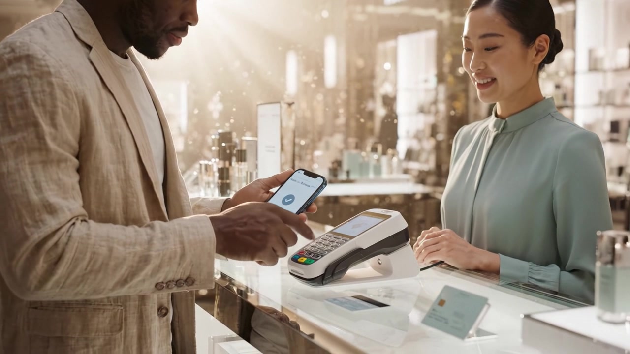 A customer completes a purchase using a mobile phone at a modern retail store, while a smiling cashier assists him with the payment process at the counter.