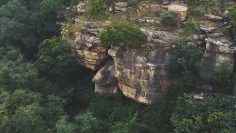 aerial closeup drone shot of a bear or leopard cave in a hill at a dense forest of gwalior , india