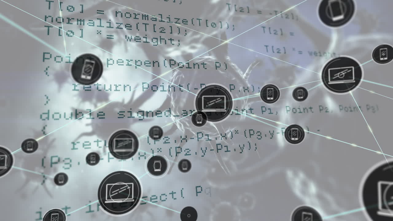 сеть иконок профилей и обработки данных против множества плавающих клеток ковид-19