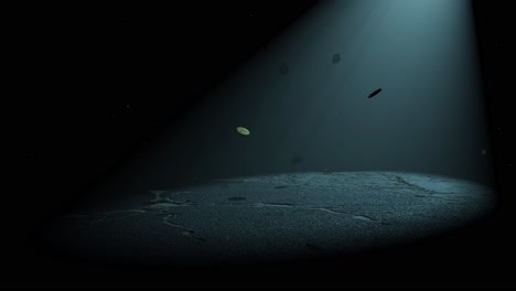 coins falling and bouncing on the ground in front of volumetric light casting rays and shadows on the ground inside a dark room 3d animation