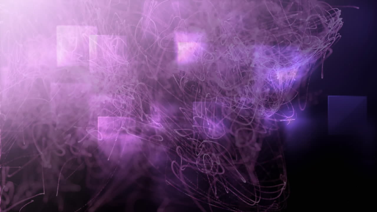 Animazione di esplosione di scie di luce viola con quadrati viola luminosi su sfondo nero