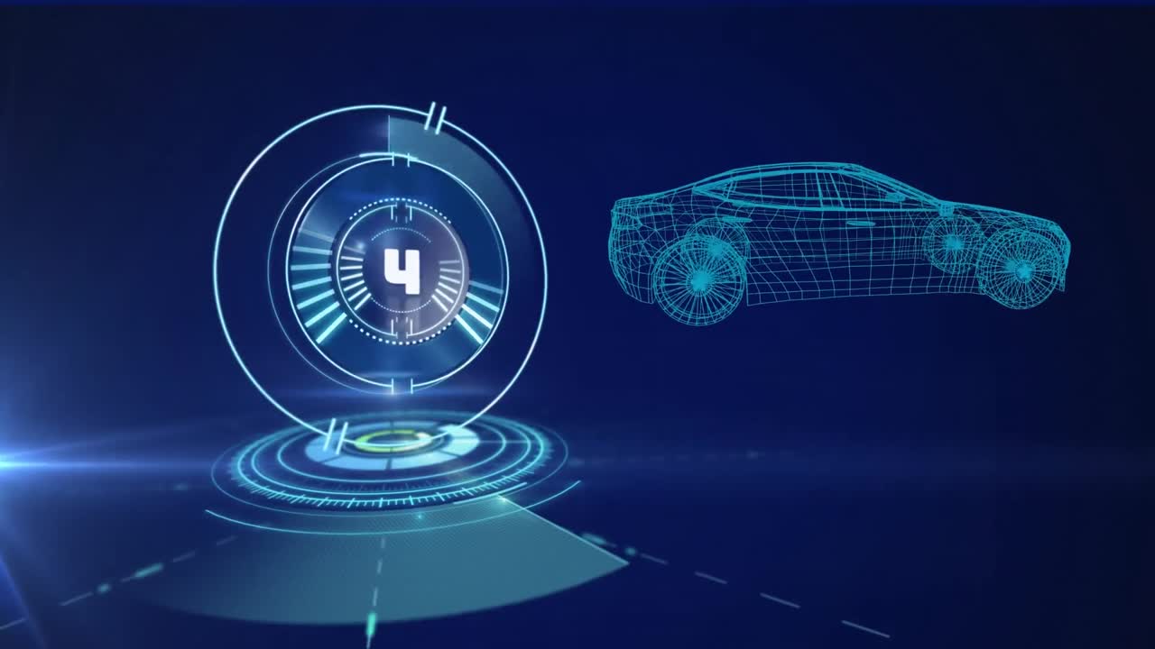 animación de dibujos de automóviles en 3d, escaneo de alcance con cuenta atrás y procesamiento de datos