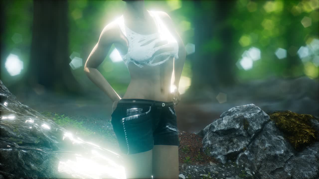 녹색 숲에서  ⁇ 어진 티셔츠를 입은 젊은 여성