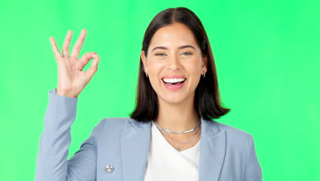ok hands, face and happy woman on green screen
