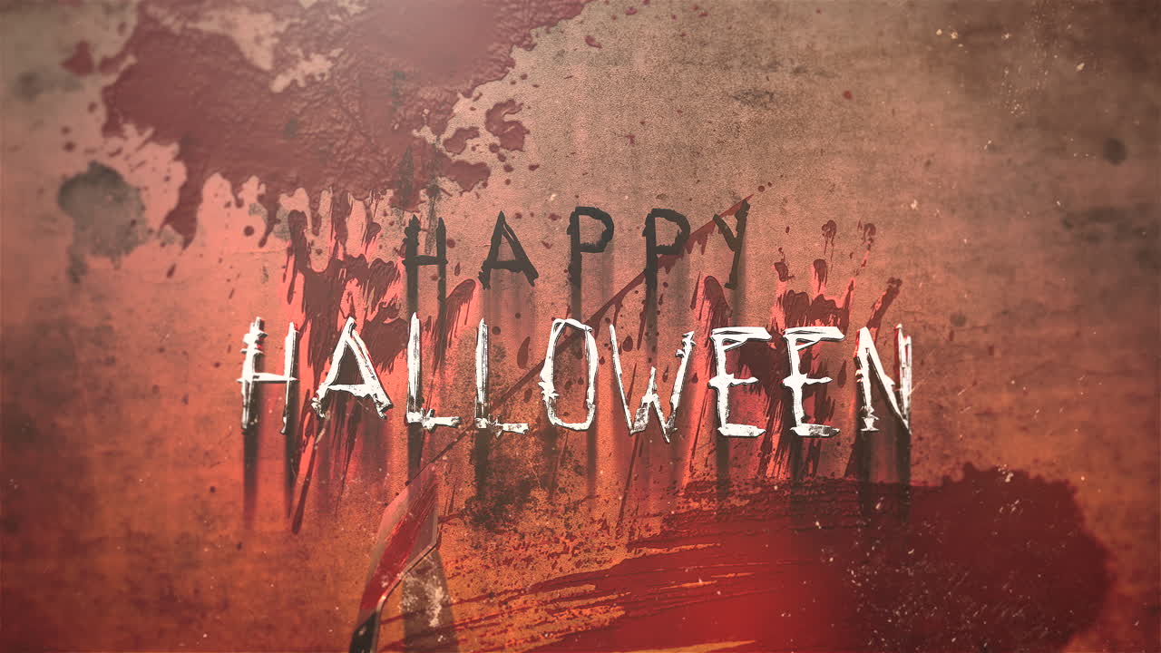 그런지 벽에 칼과 붉은 피가 있는 해피 할로윈