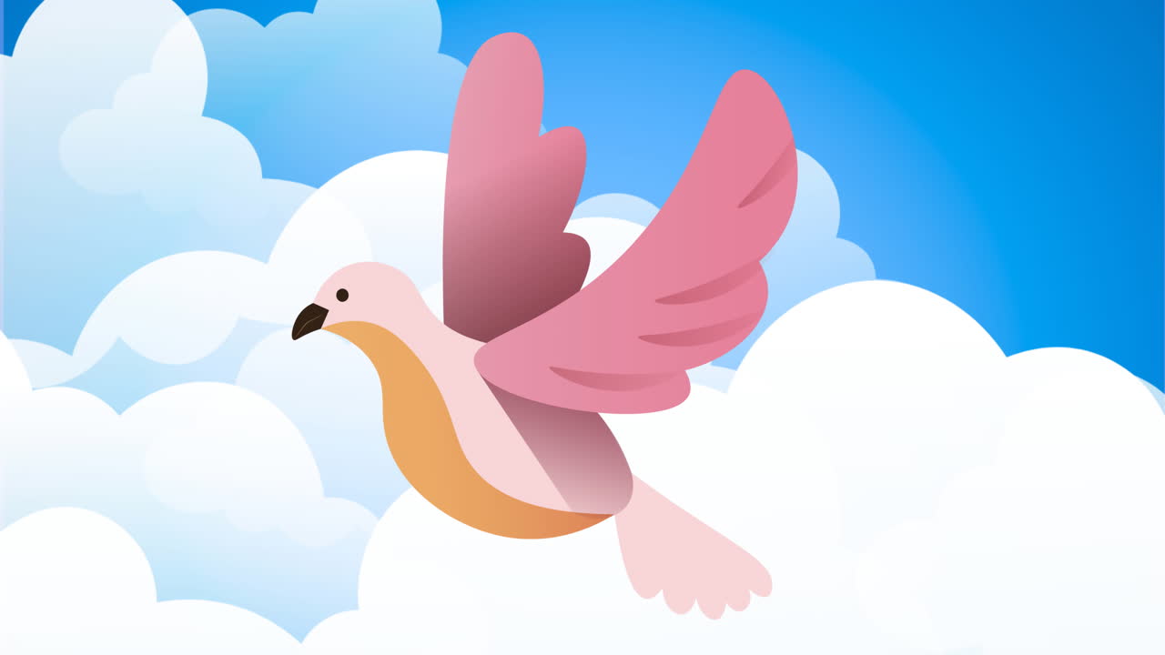 animación de un pájaro rosado sobre un fondo de cielo nublado azul