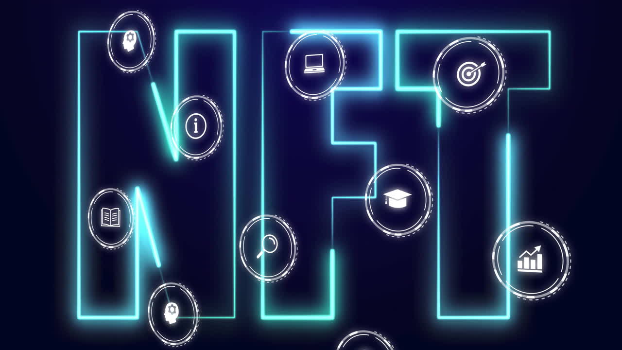 Animation of digital icons representing NFT technology and education concepts