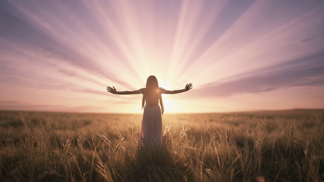 해가 지는 시점 에 들판 에 있는 여자