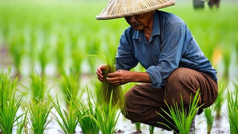 farmer tending to rice field