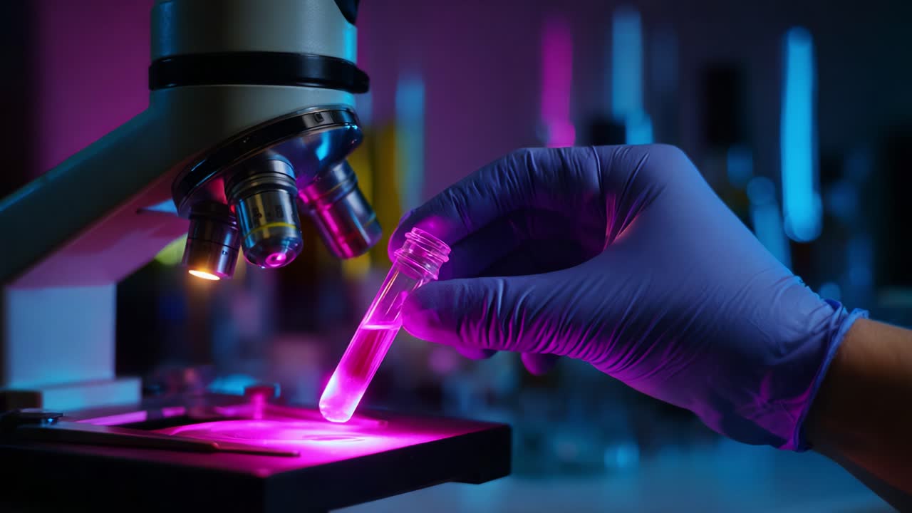 Exploring the Microscopic World: A Gloved Hand Carefully Places a Test Tube Under a High-Precision Microscope, Illuminated by Vibrant Pink Light, Capturing the Essence of Scientific Research and Discovery