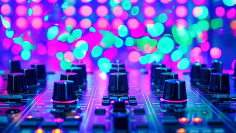 a close up of a mixing board with colorful lights in the background