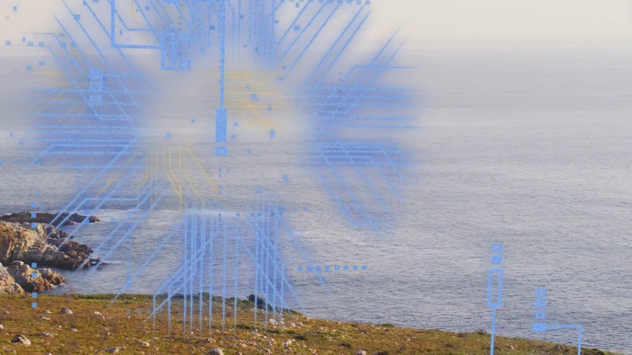 Faint blue grid sparking circuit overlay appearing, moving downward over coast, mapping data