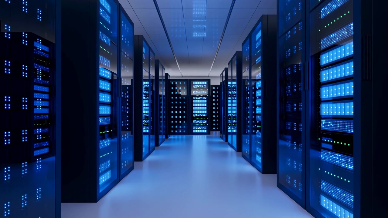 Corridoio di un data center con pannelli LED di server blu che brillano, pavimento riflettente, luci a soffitto bianche fredde, file.