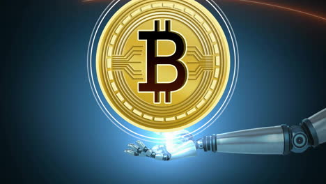 holding glowing bitcoin, robot hand showcasing cryptocurrency concept in animation