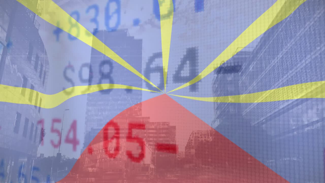 주식 시장 데이터의 애니메이션은 높은 건물에 대항하여 처리됩니다.