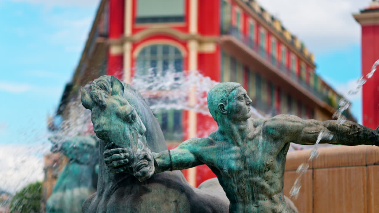 Nice, France - May 12, 2025: Close up of the Sun water fountain in the Massena Square in daylight