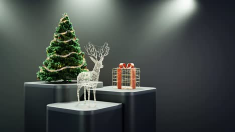 árbol de navidad, renos iluminados y regalos envueltos en fondo negro
