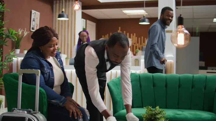 Bellhop providing coffee cup for client