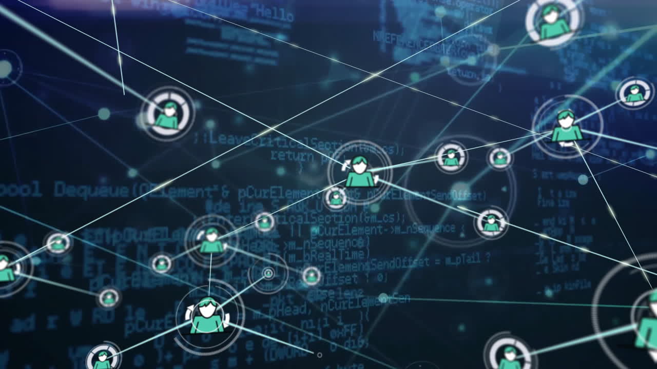 Animation of network of people icons over processing data on dark background