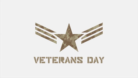 animation text veterans day on military background with stamps and star