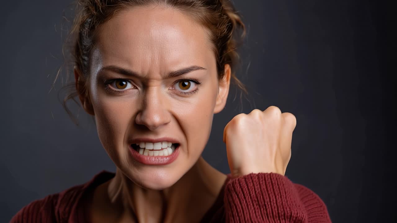Angry Woman Expressing Strong Emotion with a Fist Raised, Captured in Dramatic Lighting Against a Dark Background