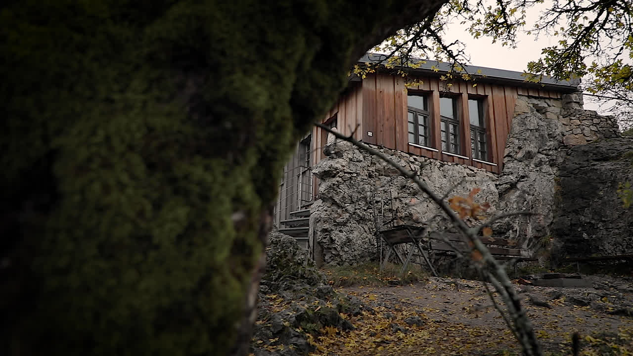 시골 야외의 아름답고 현대적인 목조 오두막, 우울한 흐린 날