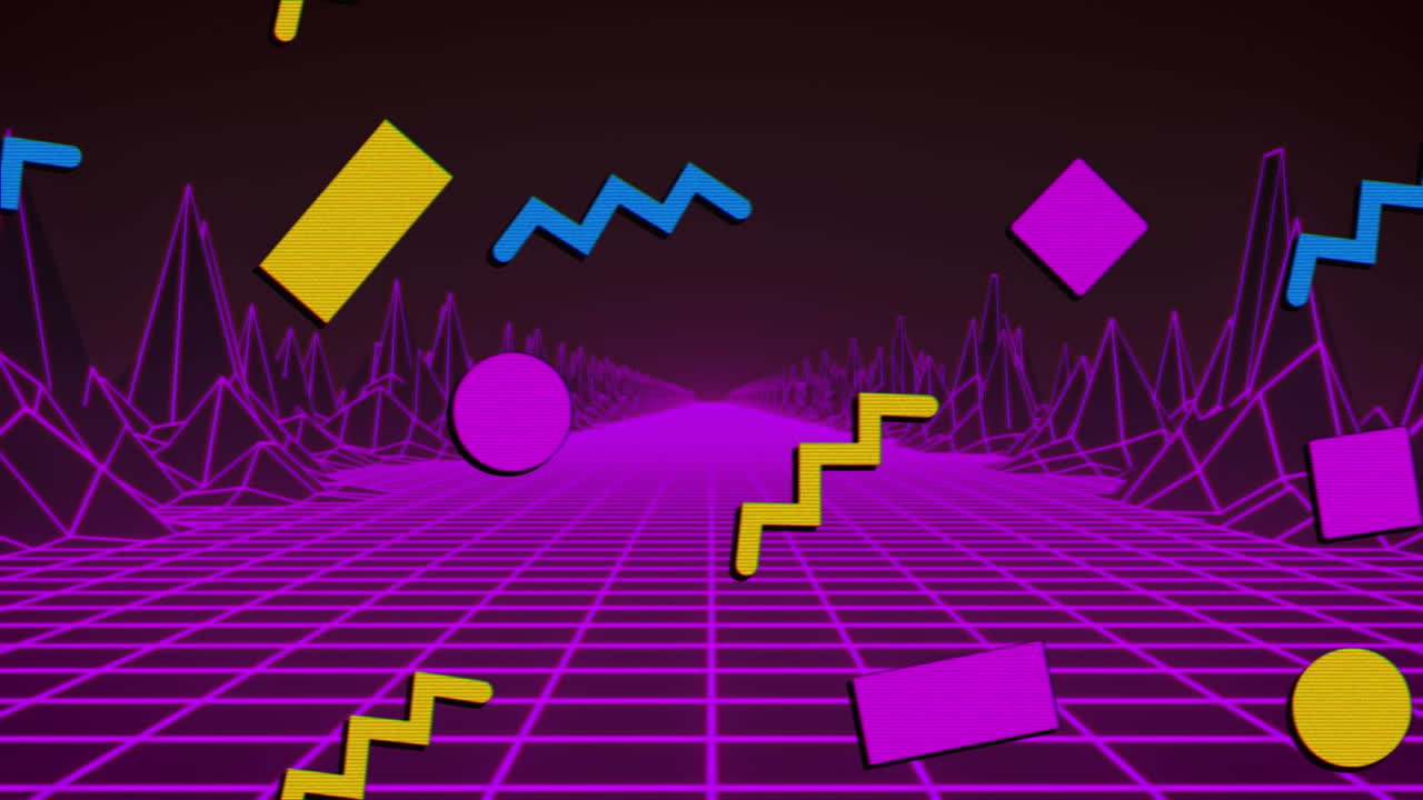 디지털 풍경에 있는 다채로운 움직이는 그래픽의 애니메이션