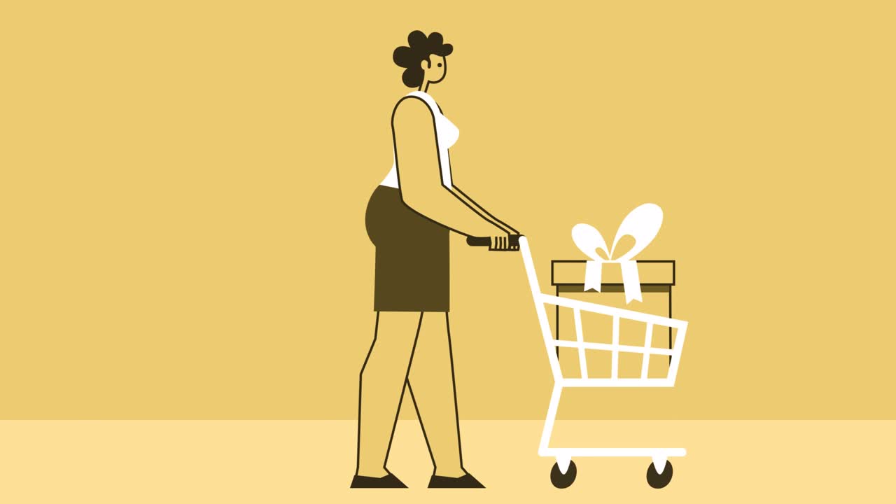 노란색 스타일의 여성 평평한 캐릭터가 쇼핑 카트에서 선물 상자를 가지고 고 있습니다. 알파 채널과 함께 고립된 루프 애니메이션