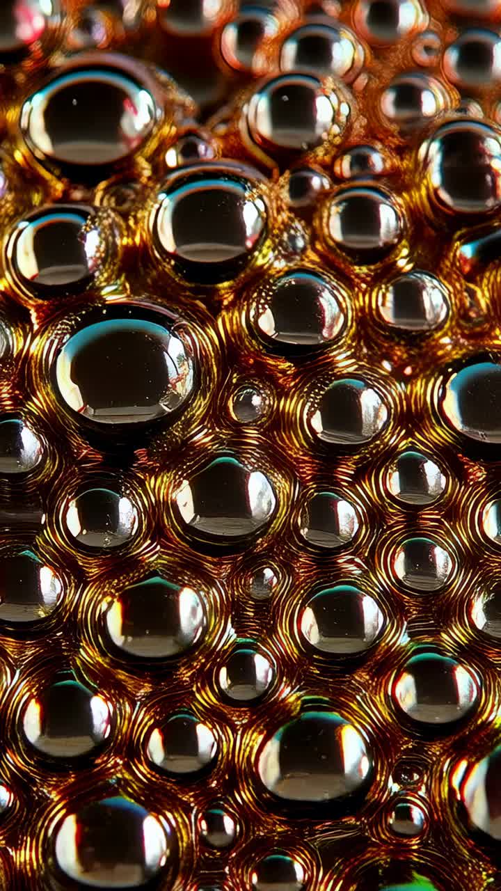 Video verticale: camera con zoom che rivela goccioline lucide in macro dettaglio, mostrando bordi iridescenti