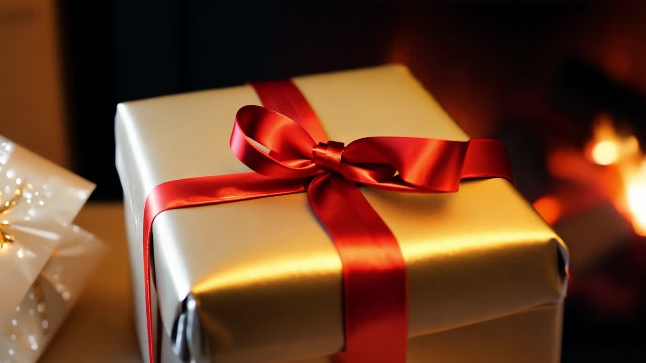 regalo de navidad de oro delante de la chimenea