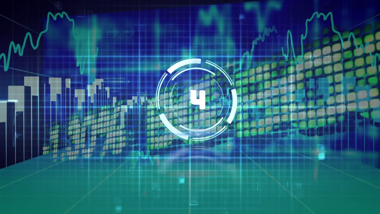 Animation of safe lock with countdown over graphs and financial data processing, on dark background