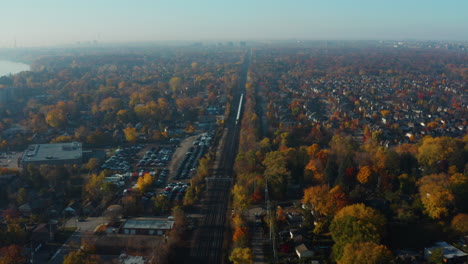 high aerial view over mississauga, ontario on a sunny, autumn morning