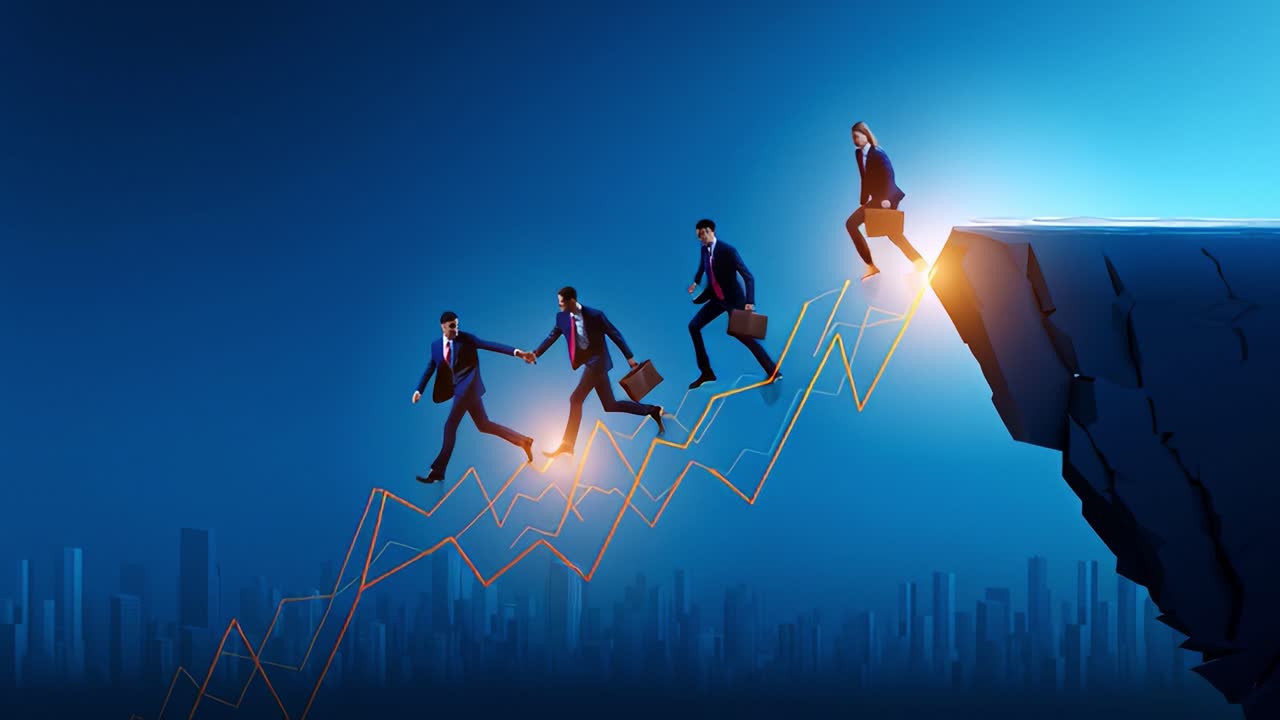 Dynamic Ascent: Business Professionals Climbing Towards Success on a Rising Graph, Symbolizing Growth, Strategy, and Future Opportunities in a Modern Urban Environment