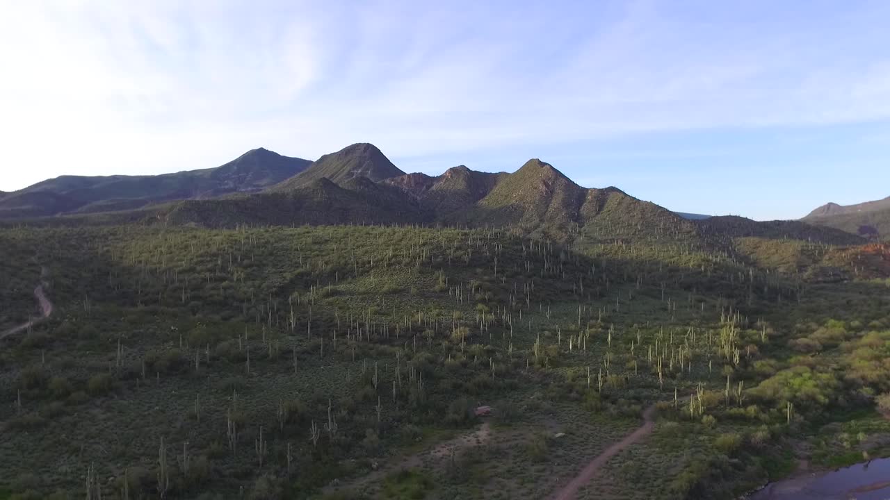 Aerial View of a Desert Landscape with Mountains and a River